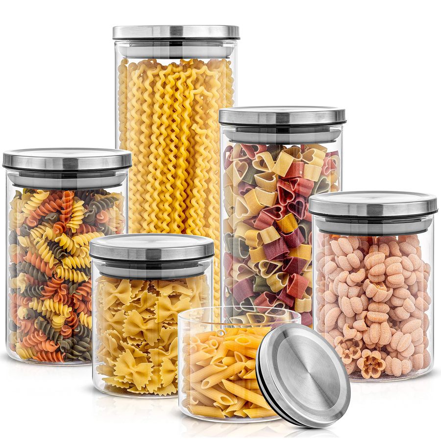 Food Storage Stainless Steel Containers - Kitchen Canister Set. 6 Glass Jars