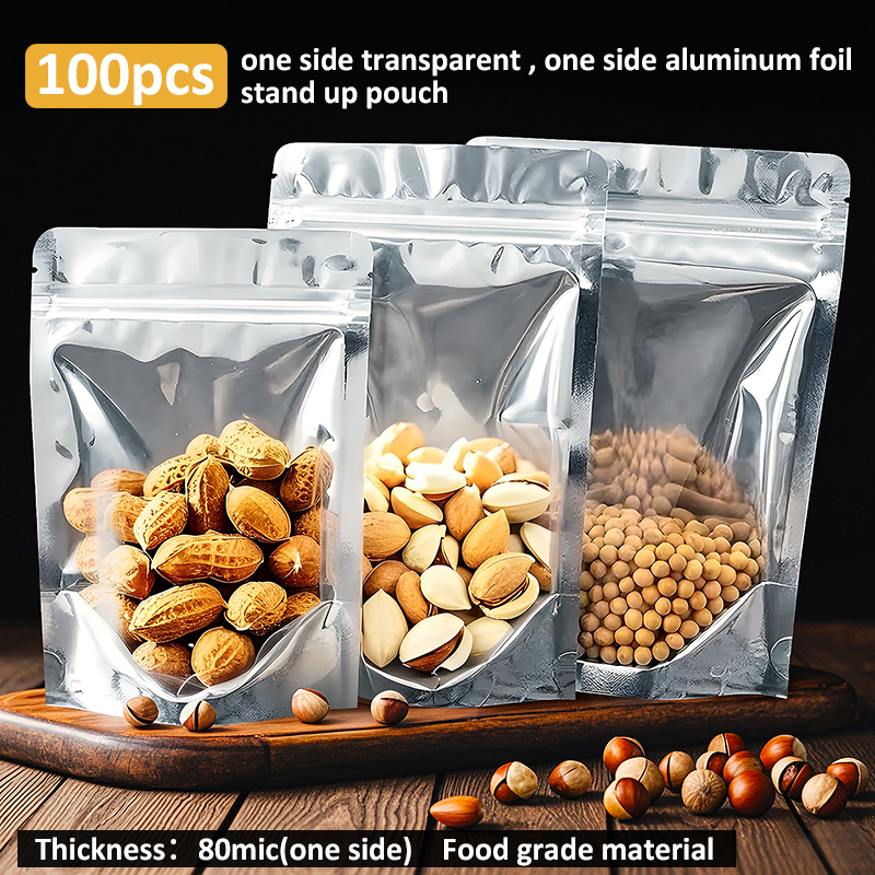 Food Storage Ziploc Bags - 100pcs One Side Aluminum Foil One