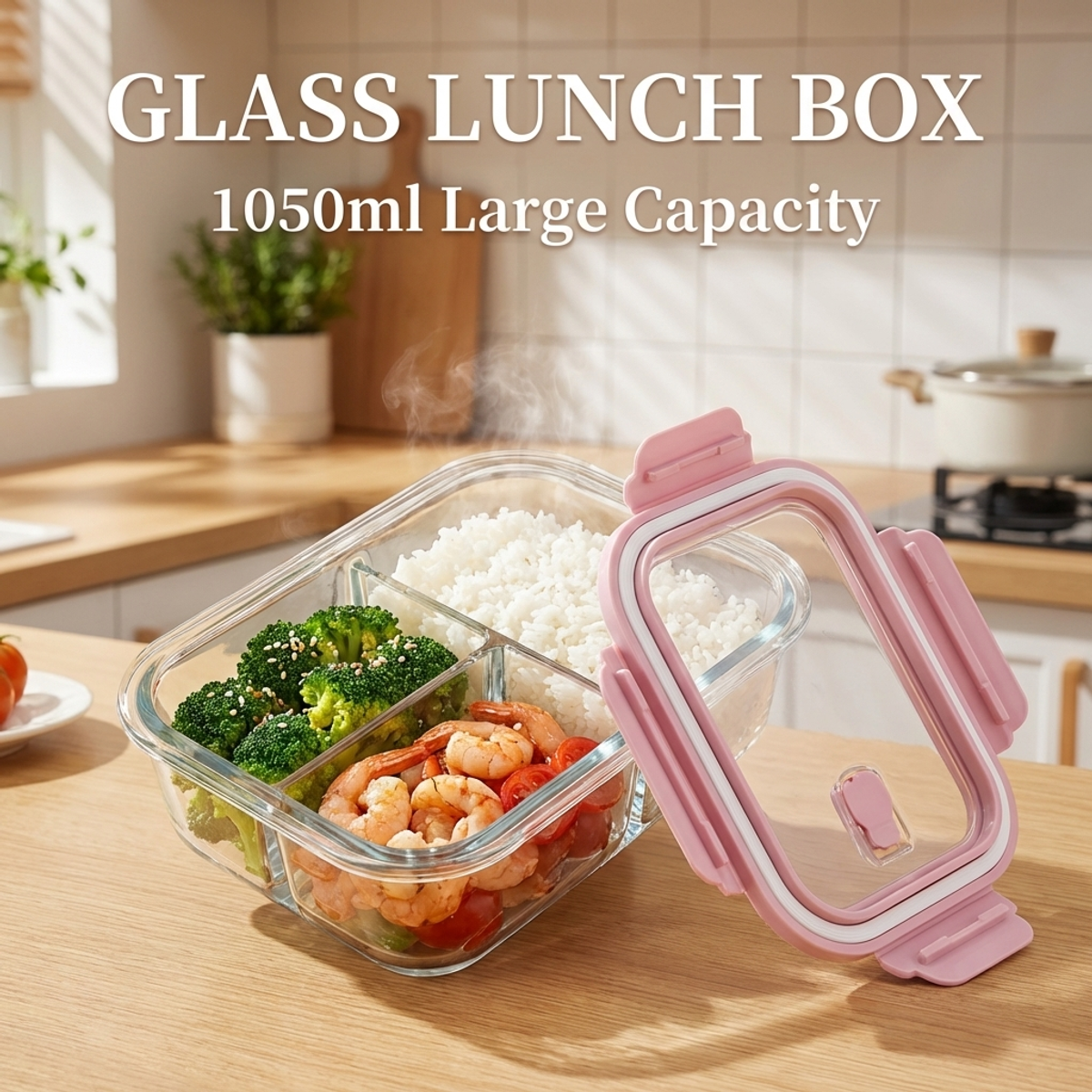 Food Storage Lock Box - Pink Glass Lunch Box, 1050ml Large