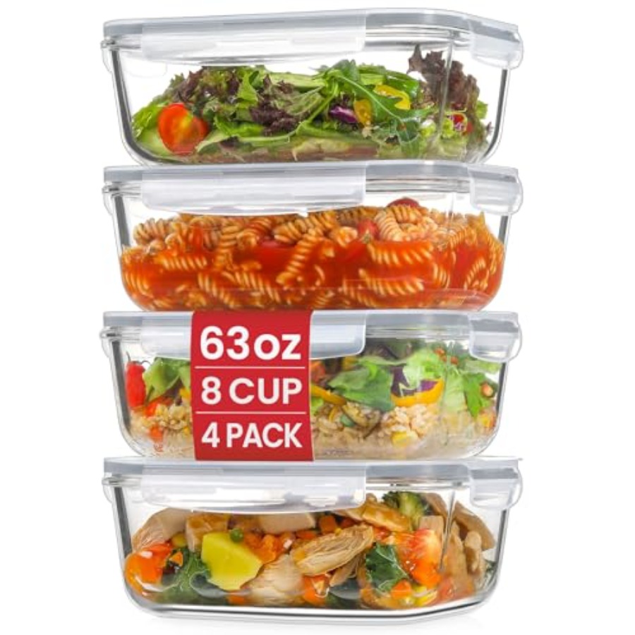 Food Storage Plastic Containers With Lids - 4 Pack 8 Cups/ 63oz Large