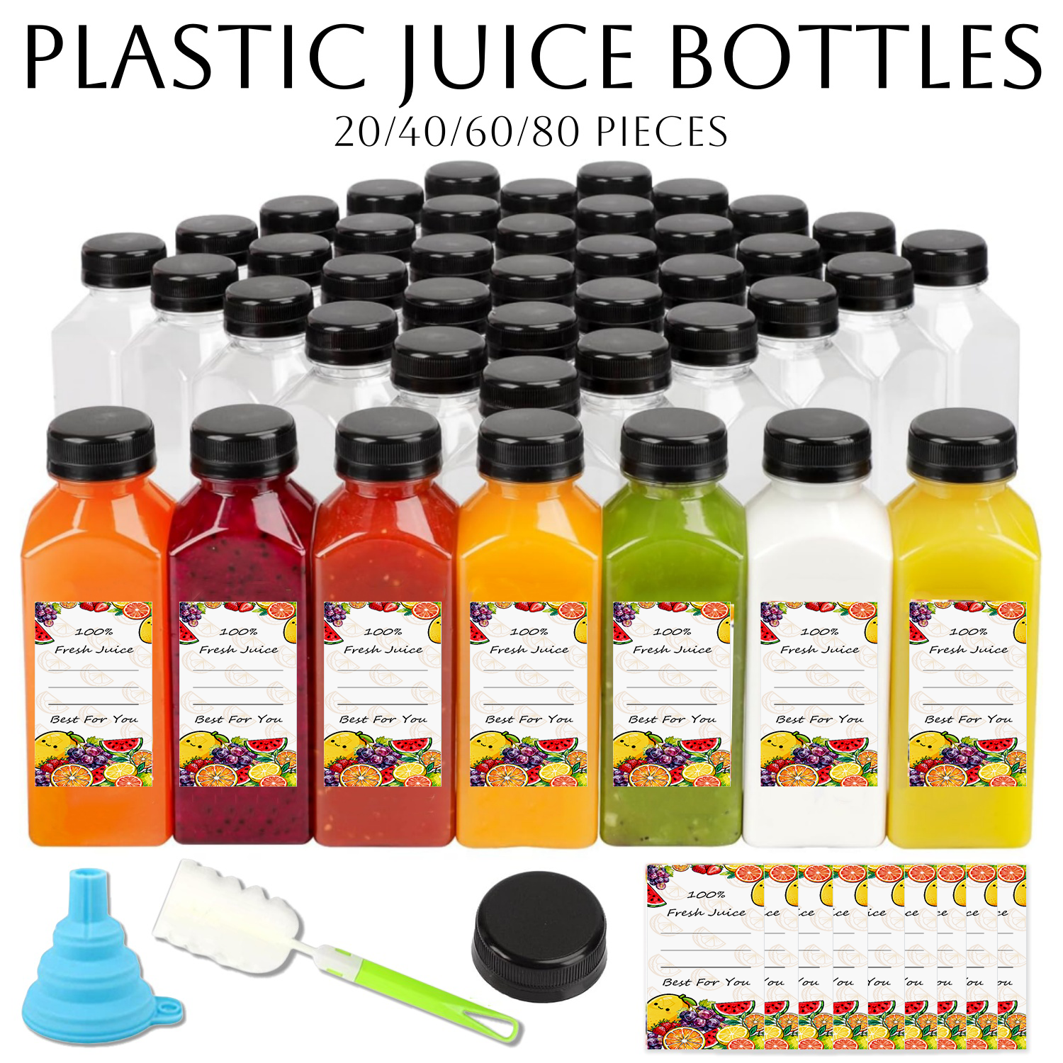 Food Storage Jar Labels - 20-80pcs Plastic Juice Bottles 8/12oz Reusable