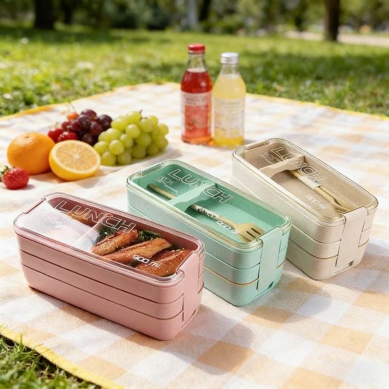 Food Storage With Compartments - 3 in 1 Wheat Straw Bento