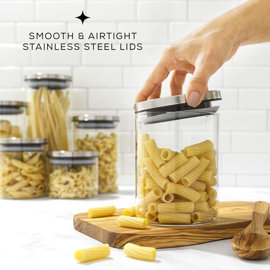 Kitchen Canister Set. 6 Glass  - Food Storage Stainless Steel Containers recension och pris
