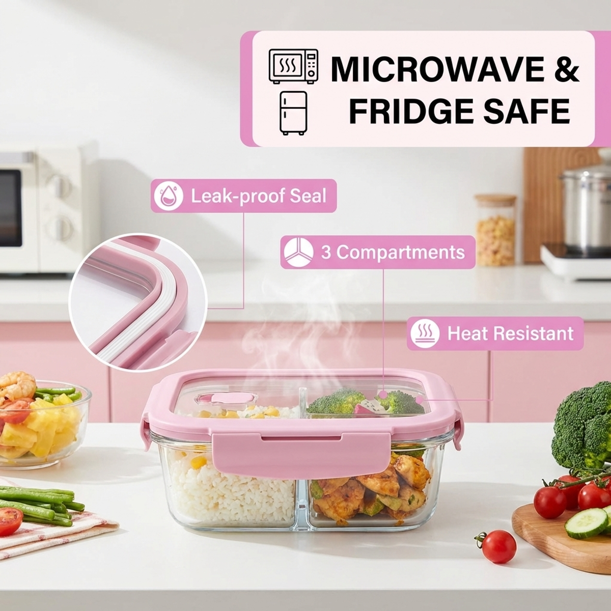 Pink Glass Lunch Box, 1050ml L - Food Storage Lock Box recension och pris