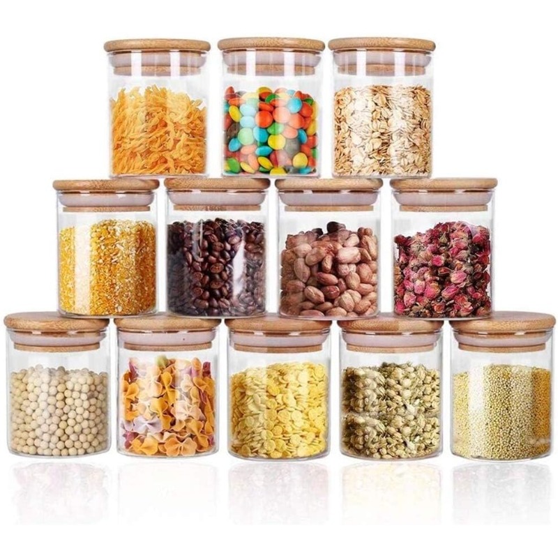 12 Glass Jars Set with Bamboo  - Food Storage Jar Labels recension och pris