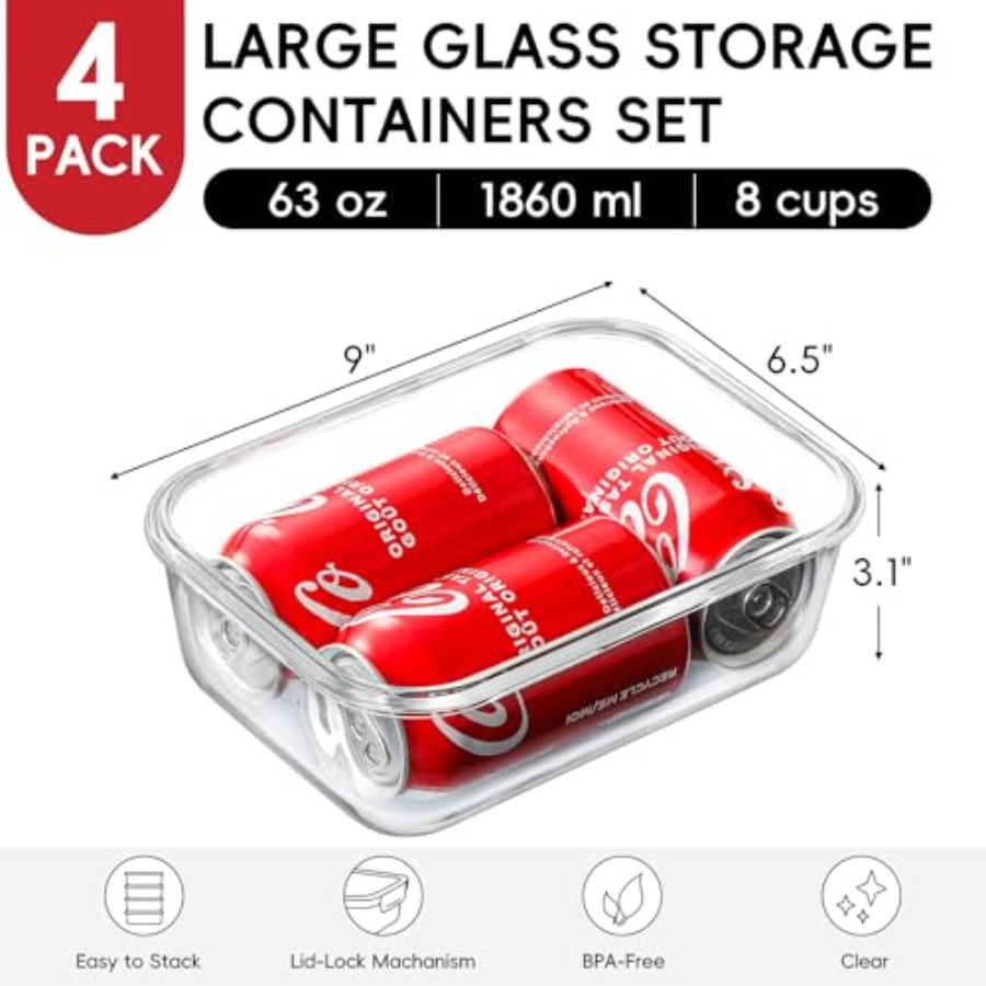 4 Pack 8 Cups/ 63oz Large Glas - Food Storage Plastic Containers With Lids recension och pris