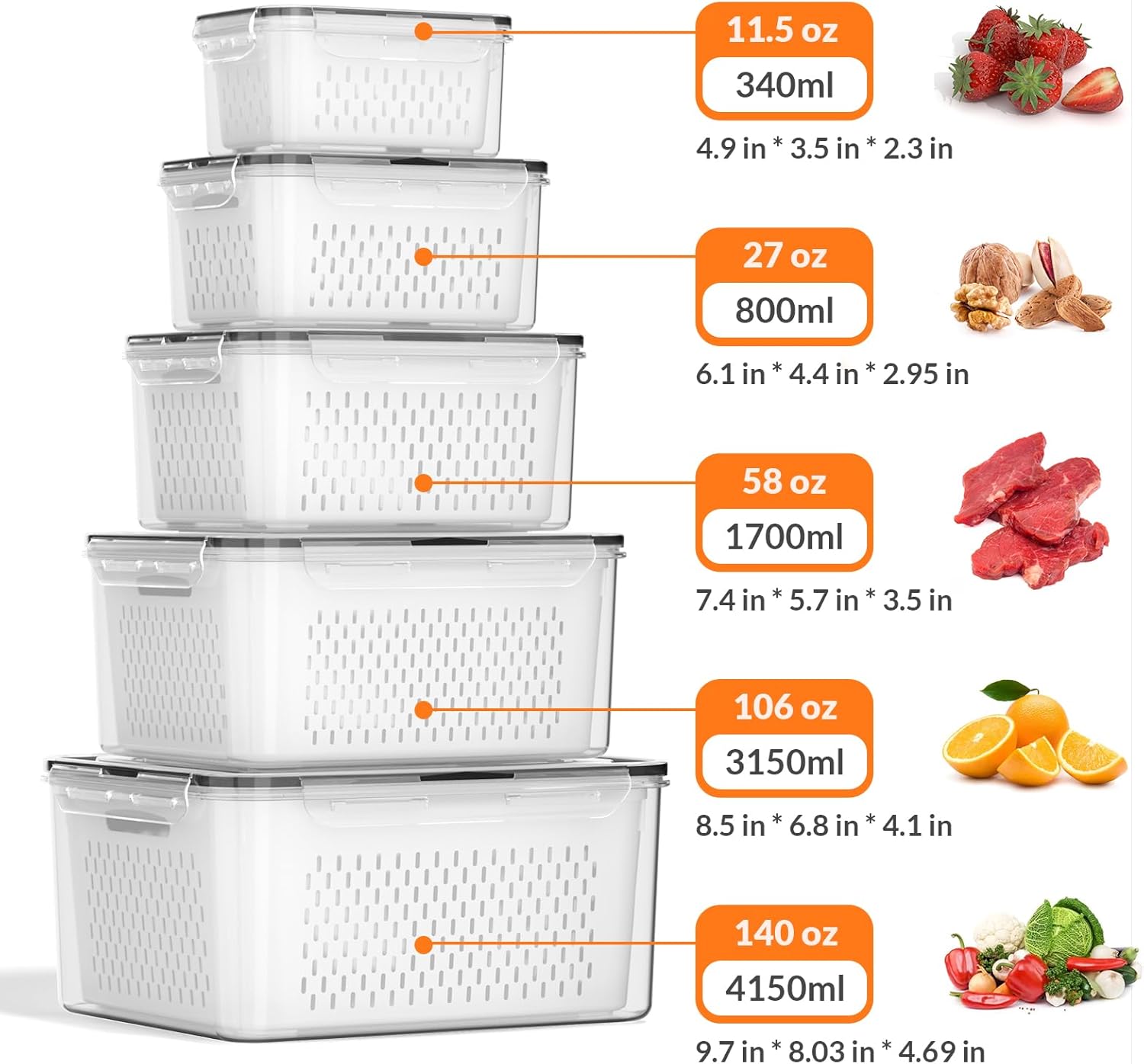 5 PCS Large Fruit Storage Cont - Food Storage Plastic Containers With Lids recension och pris